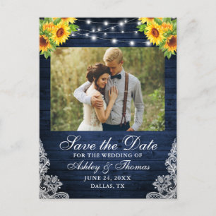 Rustic Sunflower Floral Blue Wood Lights Photo Announcement Postcard