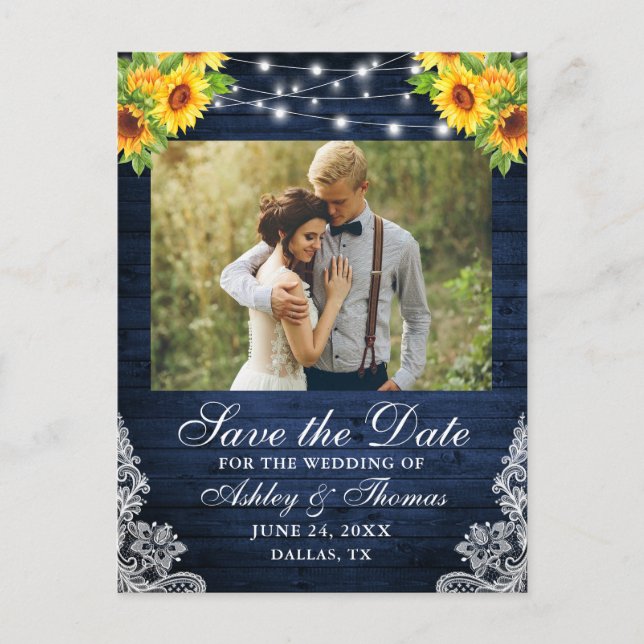 Rustic Sunflower Floral Blue Wood Lights Photo Announcement Postcard (Front)