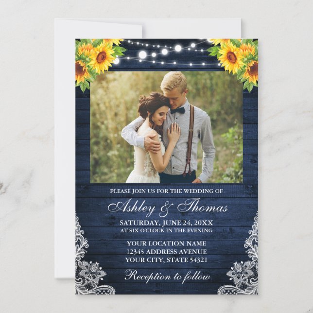 Rustic Sunflower Floral Blue Wood Lights Photo Invitation (Front)