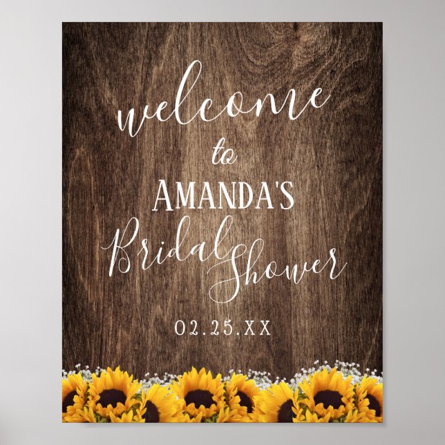 Rustic Sunflower Floral Bridal Shower Welcome Poster (Front)
