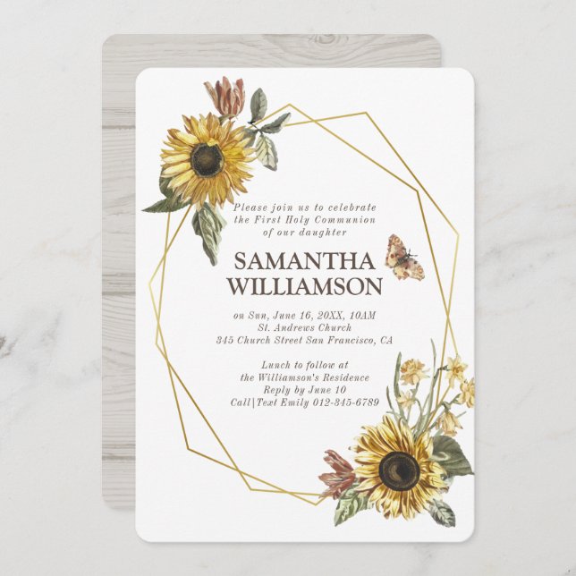 Rustic Sunflower Floral First Communion Invitation (Front/Back)