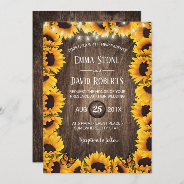 Rustic Sunflower Floral Frame Summer Wedding Invitation (Front/Back)