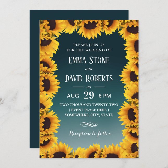 Rustic Sunflower Floral Frame Teal Wedding Invitation (Front/Back)