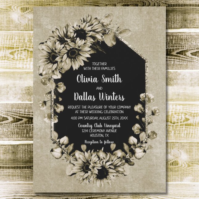 Rustic Sunflower Floral Geometric Wedding Invitation (Creator Uploaded)