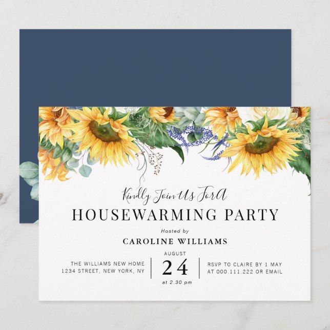 rustic sunflower floral housewarming party invitation (Front/Back)