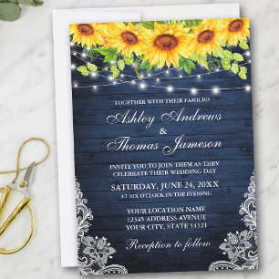 Rustic Sunflower Floral Lace Blue Wood Lights Invitation
