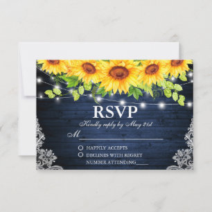Rustic Sunflower Floral Lace Blue Wood Lights RSVP Card