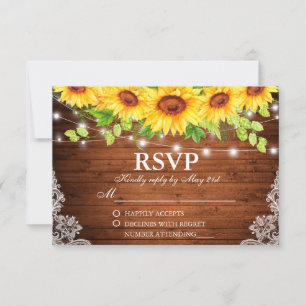 Rustic Sunflower Floral Lace Wood Lights RSVP Card