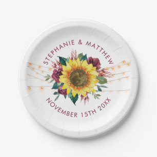 Rustic Sunflower Floral Lights Wedding Paper Plate