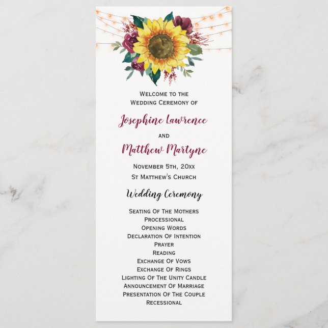 Rustic Sunflower Floral Lights Wedding Programme (Front)