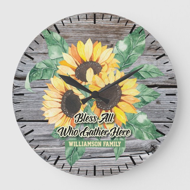 Rustic Sunflower Floral Monogram Large Clock (Front)