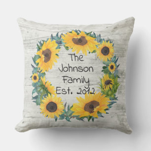 Rustic Sunflower Floral Personalised Family Name O Cushion