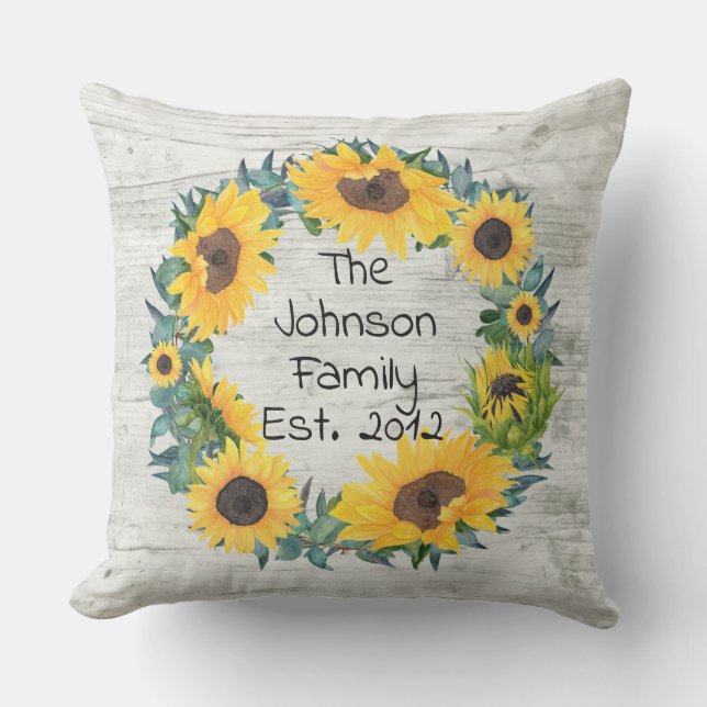Rustic Sunflower Floral Personalised Family Name O Cushion (Front)