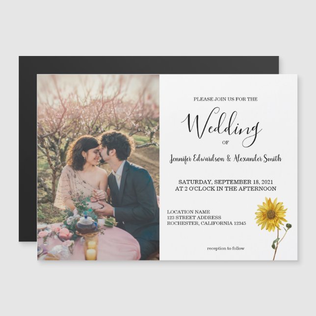 Rustic sunflower floral photo magnetic Wedding (Front/Back)