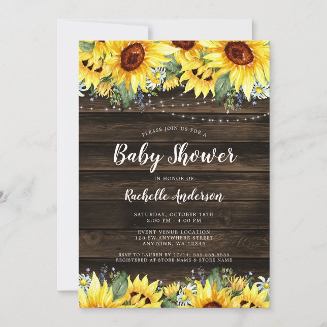 Rustic Sunflower Floral String Lights Baby Shower Invitation (Front)