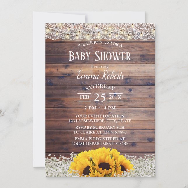 Rustic Sunflower Floral String Lights Baby Shower Invitation (Front)