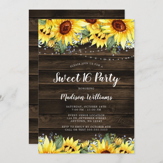 Rustic Sunflower Floral String Lights Sweet 16 Invitation (Front/Back)