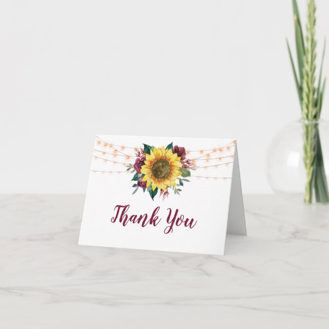 Rustic Sunflower Floral String Lights Wedding Thank You Card (Front)