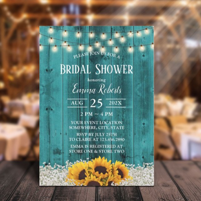 Rustic Sunflower Floral Teal Barn Bridal Shower Invitation (Creator Uploaded)