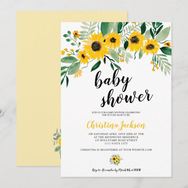 Rustic sunflower floral watercolor baby shower invitation (Front/Back)