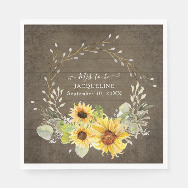 Rustic Sunflower Floral Watercolor Bridal Shower Napkin (Front)