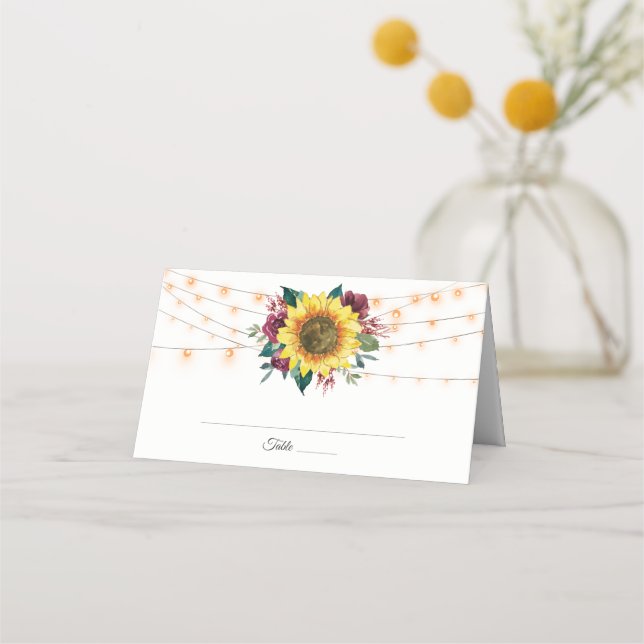 Rustic Sunflower Floral Watercolor Lights Wedding Place Card (Front)