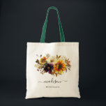 Rustic Sunflower Floral Watercolor Name Bridesmaid Tote Bag<br><div class="desc">Rustic Modern Sunflower Burgundy Purple Autumn Fall Floral Watercolor Elegant Girly Script Name Wedding Bridesmaid Tote Bag</div>