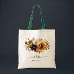 Rustic Sunflower Floral Watercolor Name Bridesmaid Tote Bag<br><div class="desc">Rustic Modern Sunflower Burgundy Purple Autumn Fall Floral Watercolor Elegant Girly Script Name Wedding Bridesmaid Tote Bag</div>