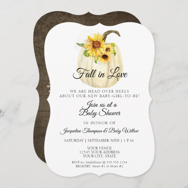 Rustic Sunflower Floral White Pumpkin Baby Shower Invitation (Front/Back)