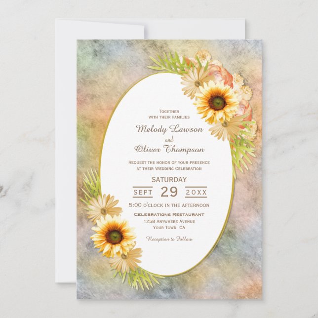 Rustic Sunflower Floral with Gold Frame Wedding Invitation (Front)