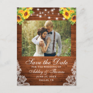 Rustic Sunflower Floral Wood Lights Lace Photo Announcement Postcard
