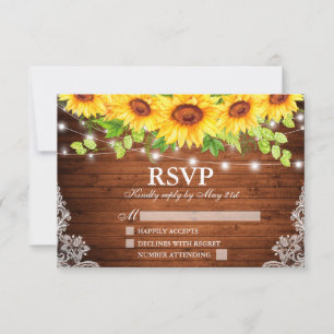 Rustic Sunflower Floral Wood Lights Lace RSVP Card