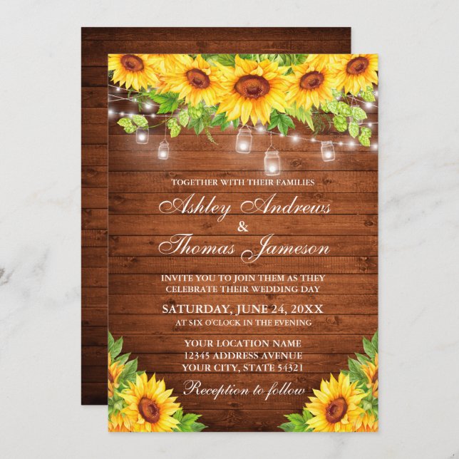 Rustic Sunflower Floral Wood Mason Jar Lights Invitation (Front/Back)