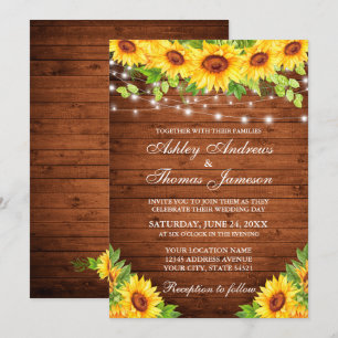 Rustic Sunflower Floral Wood String Lights Invitation