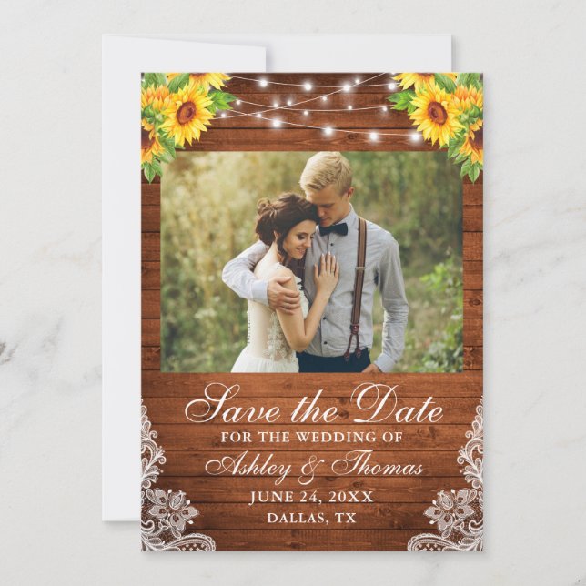 Rustic Sunflower Floral Wood String Lights Photo Save The Date (Front)
