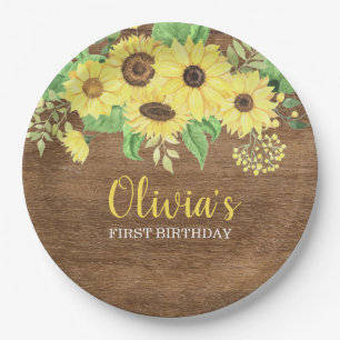 Rustic Sunflower Floral Wood Summer First Birthday Paper Plate
