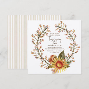 Rustic Sunflower Floral Wreath Thanksgiving Dinner Invitation