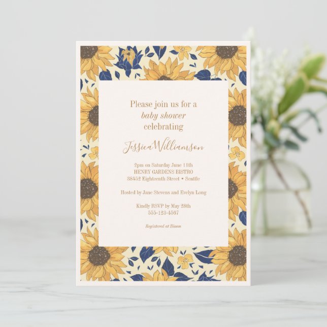 Rustic Sunflower Floral Yellow Blue Baby Shower Invitation (Standing Front)