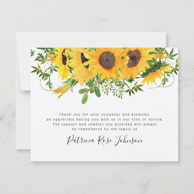 Rustic Sunflower Funeral Memorial Thank You Note (Front)