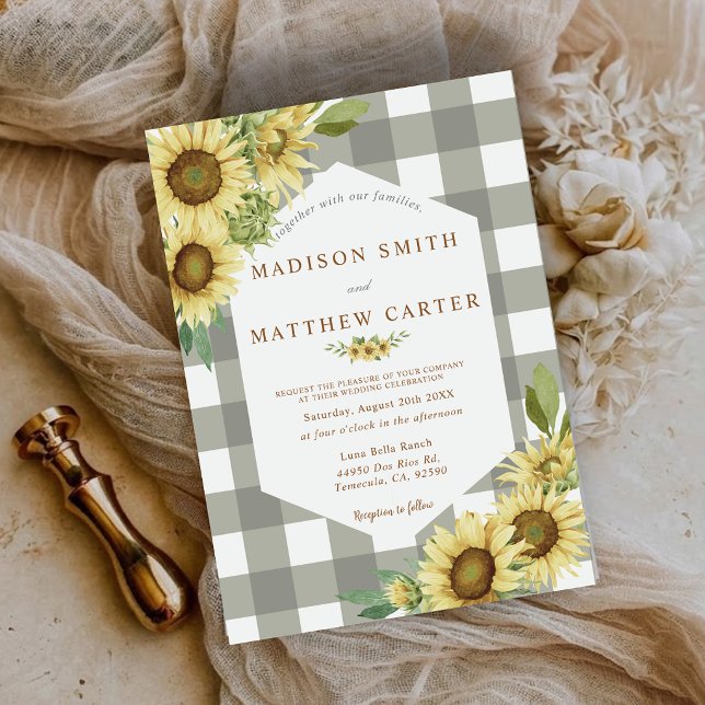Rustic Sunflower Gingham Buffalo Plaid Wedding Invitation (Rustic Sunflower Gingham Buffalo Plaid Wedding Invitation)