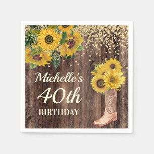 Rustic Sunflower Glitter  Boots Wood 40th Birthday Napkin