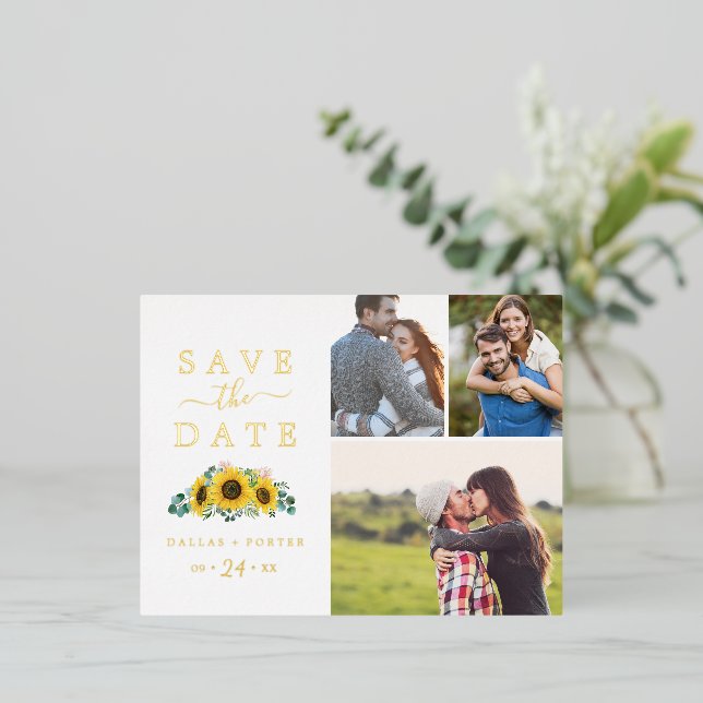 Rustic Sunflower | Gold Foil 3 Photo Save the Date Invitation Postcard (Standing Front)