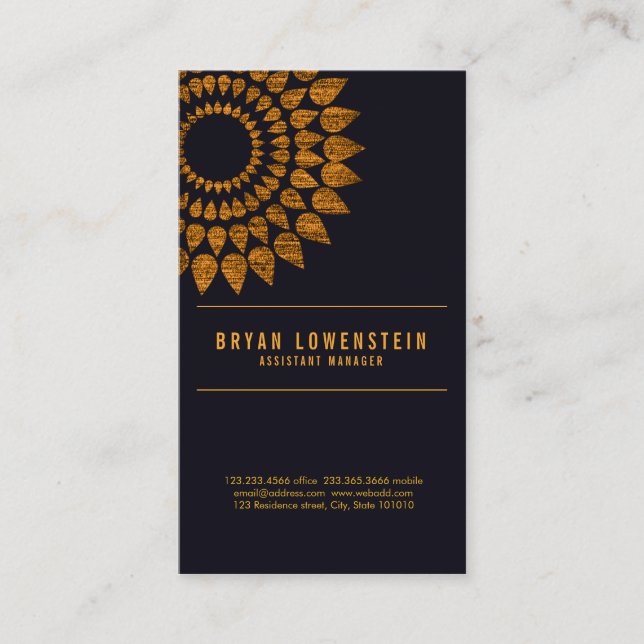 Rustic Sunflower Gold Pattern Black Business Card (Front)