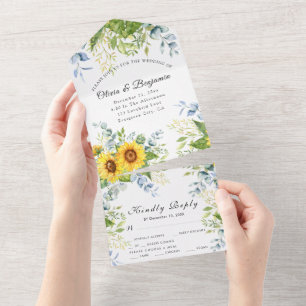 Rustic Sunflower Greenery Calligraphy RSVP Wedding All In One Invitation