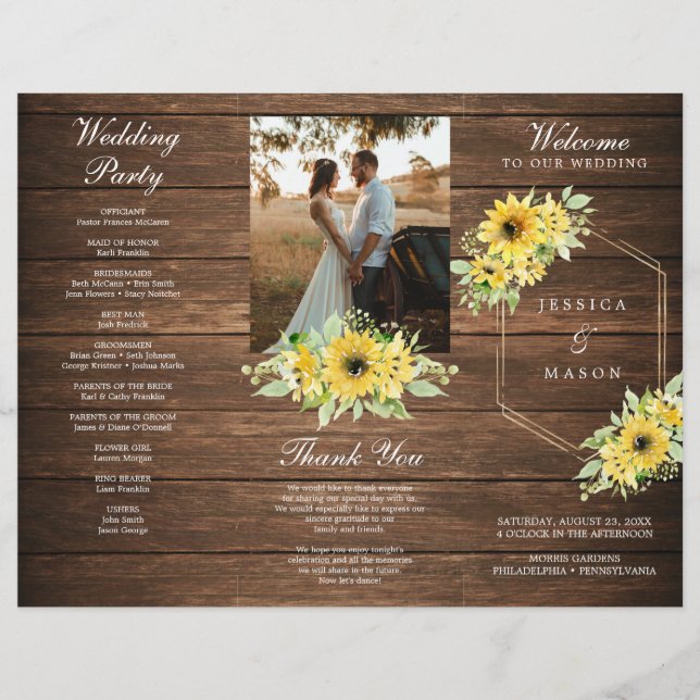 Rustic Sunflower Greenery Folded Wedding Program Flyer (Front)