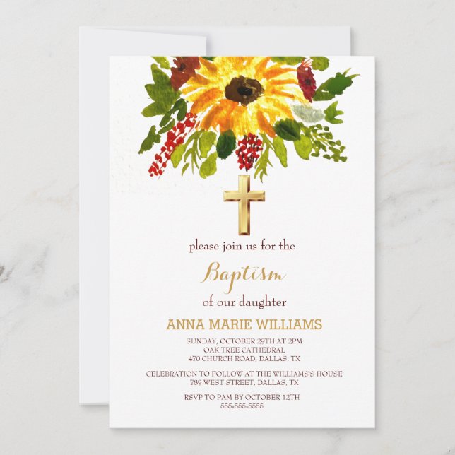 Rustic Sunflower Greenery Gold Cross Baptism  Invitation (Front)