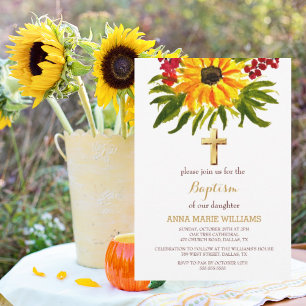 Rustic Sunflower Greenery Gold Cross Baptism Invitation