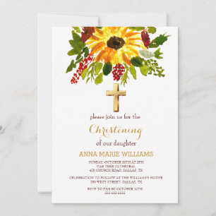 Rustic Sunflower Greenery Gold Cross Baptism Invitation