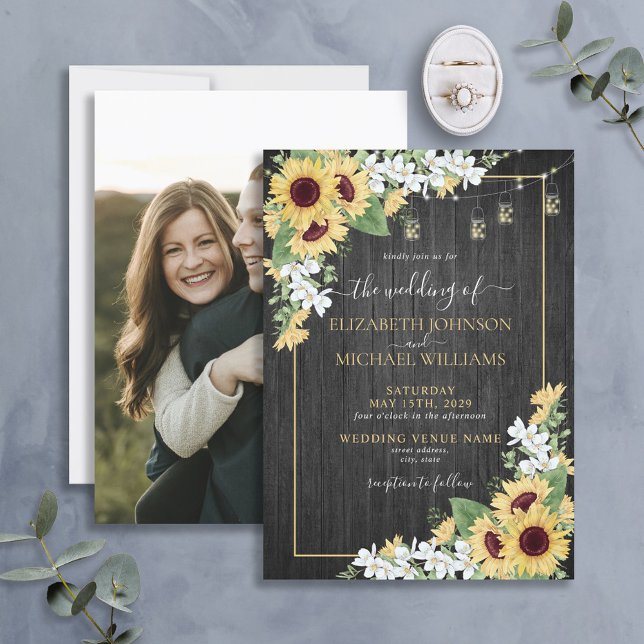 Rustic Sunflower & Grey Floral Wood Photo Wedding Invitation (Creator Uploaded)