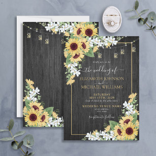 Rustic Sunflower & Grey Wood Floral Wedding Invitation